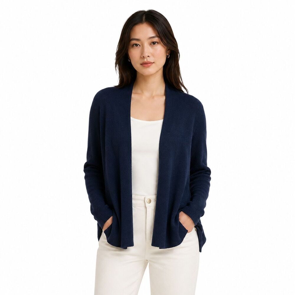 Eileen Fisher Cardigan Sweater Womens Medium Blue Wool Open Front Knit Pockets